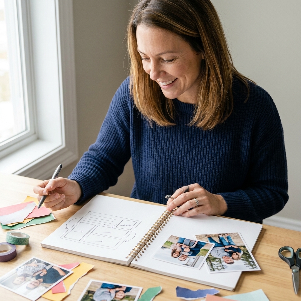 An open notebook with a simple scrapbook page plan sketched in pen beside printed photos and paper scraps on a craft table