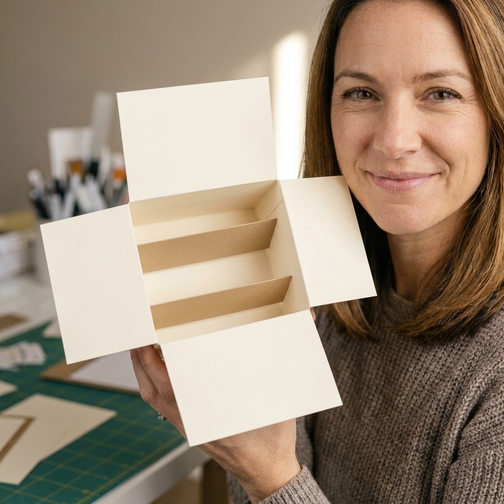 An open pop-up box card base showing two horizontal cardstock strips glued across the inside, creating support rails for pop-up decorations