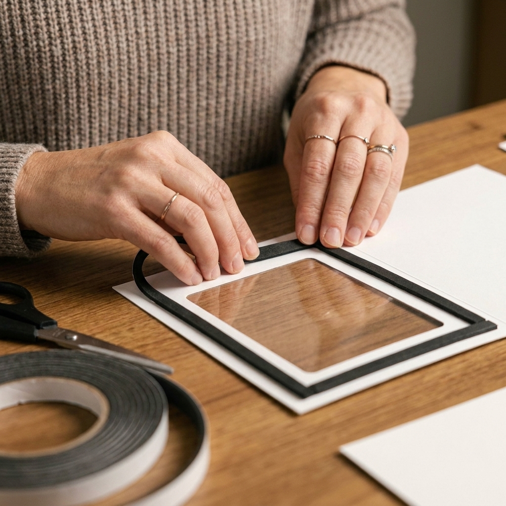 Close-up of hands applying black foam tape in a rectangle on the back of a card panel with a clear acetate window already adhered