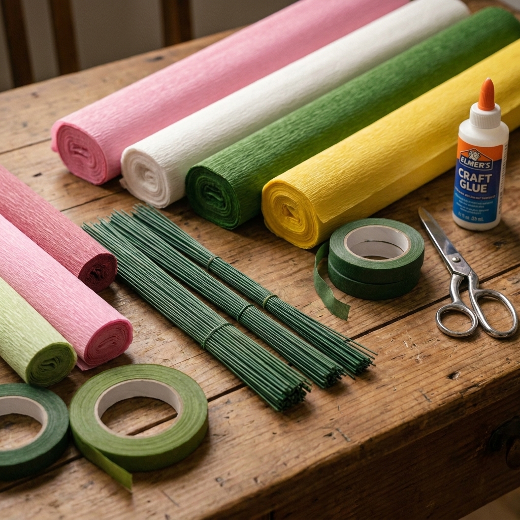 Crepe paper rolls, floral wire, floral tape, scissors, and glue laid out neatly on a wooden crafting table