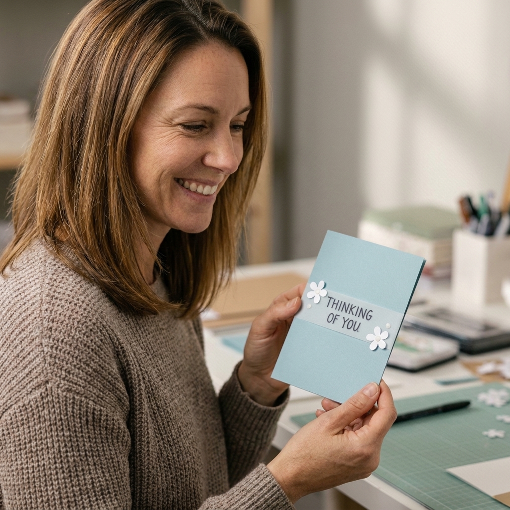 Handmade card with a vellum sentiment strip layered across the front, with small embellishments placed to hide adhesive