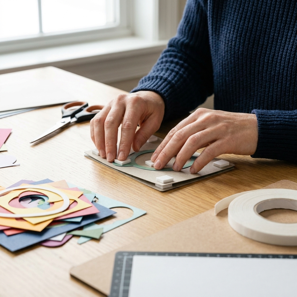Hands aligning two cardstock layers while stacking them with foam tape spacers on a craft table, with several cut layers waiting nearby