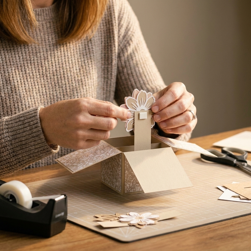 Hands attaching a layered paper die-cut onto an inner strip inside a pop-up box card, with adhesive tape visible on the back of the die-cut