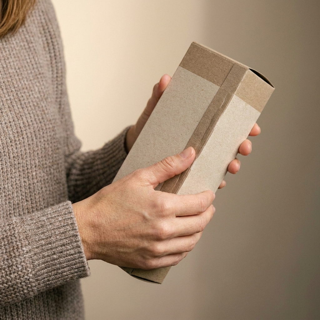 Hands holding a cardstock pop-up box card tube while pressing the side seam closed, forming a rectangular shape