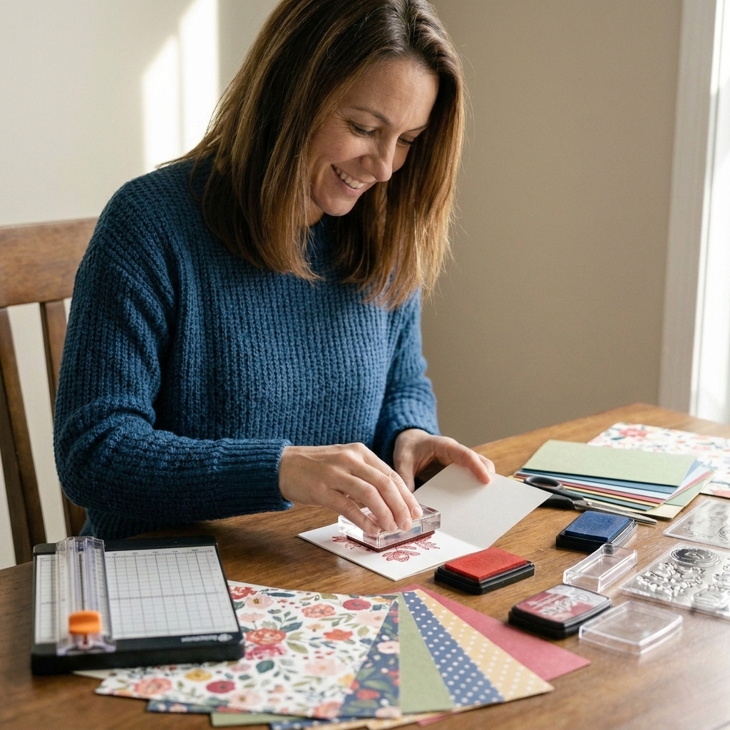 Hands inking a clear stamp and pressing it onto a card base, with patterned paper and basic cardmaking tools arranged nearby
