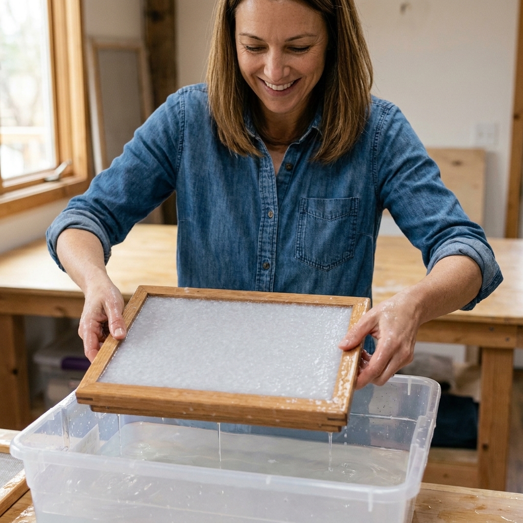 Hands lifting a mould and deckle from a plastic tub, with a wet sheet of pale pulp forming evenly across the mesh screen