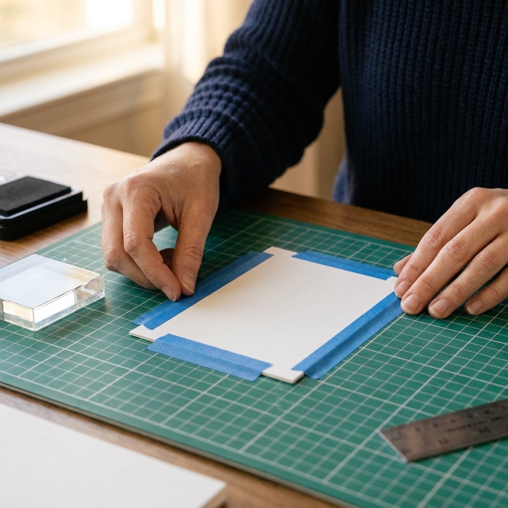 Hands placing white cardstock on a gridded craft mat with low-tack tape securing the edges for precise stamping alignment