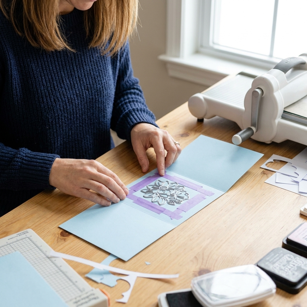 Hands positioning a metal cutting die on folded cardstock for partial die cutting, secured with low tack tape on a craft table
