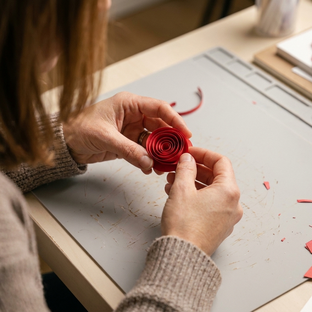 Hands rolling a spiral paper flower cutout into a rose shape on a silicone craft mat