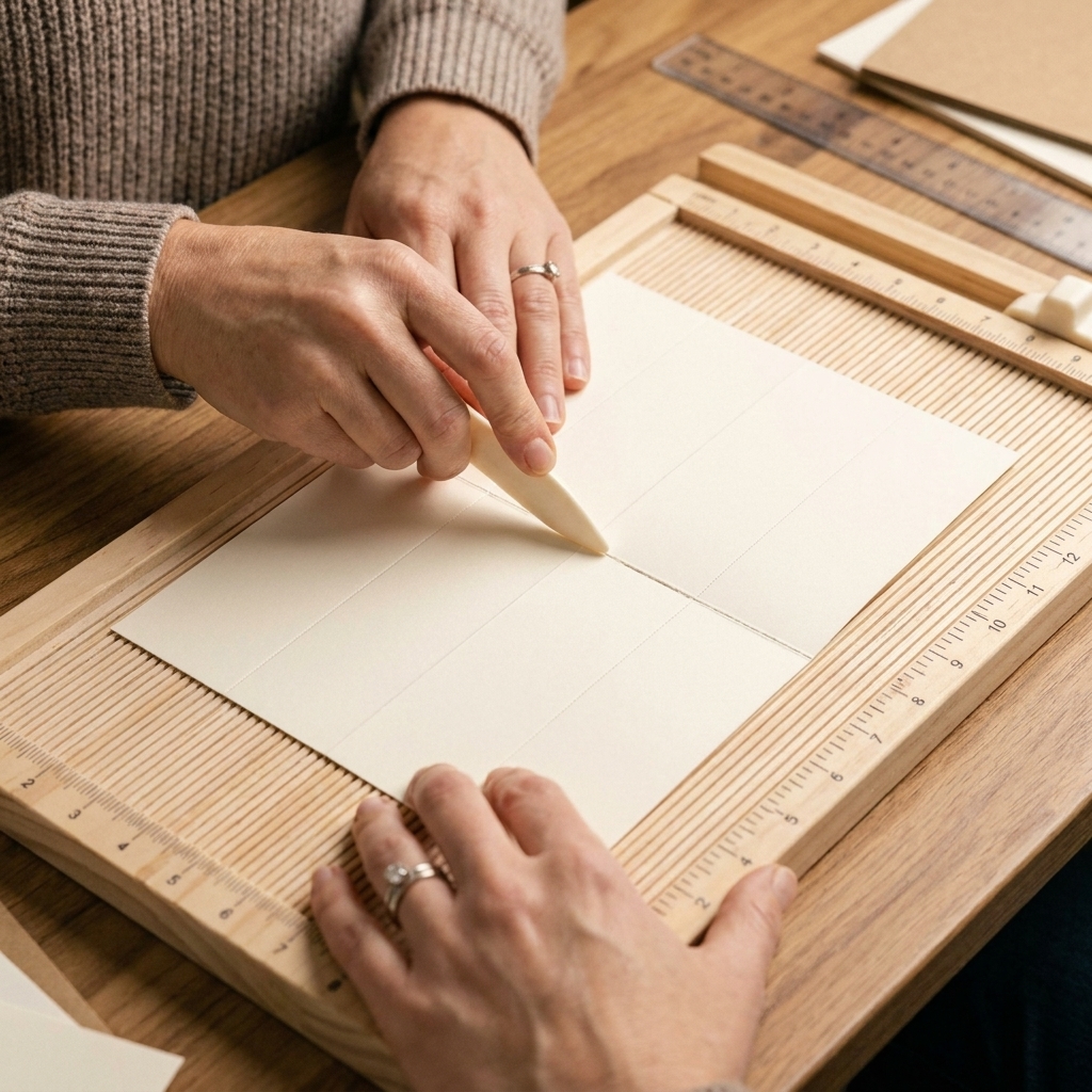 Hands scoring a 10 x 6 inch cardstock piece on a scoring board with visible score lines at 2-inch intervals and a horizontal score at 3 inches