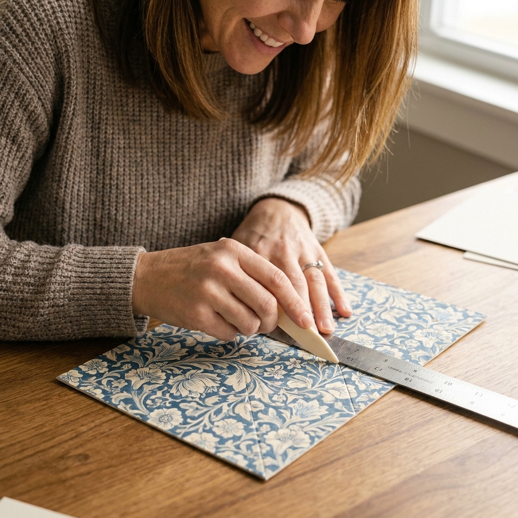 Hands scoring diagonal lines across a square of heavyweight patterned cardstock using a ruler and scoring tool
