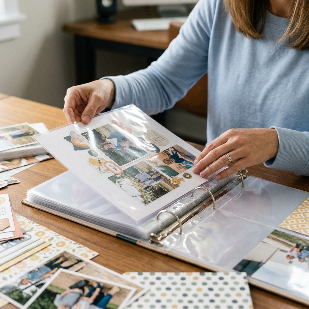 Hands sliding a finished scrapbook page into a clear page protector inside a ring-bound scrapbook album