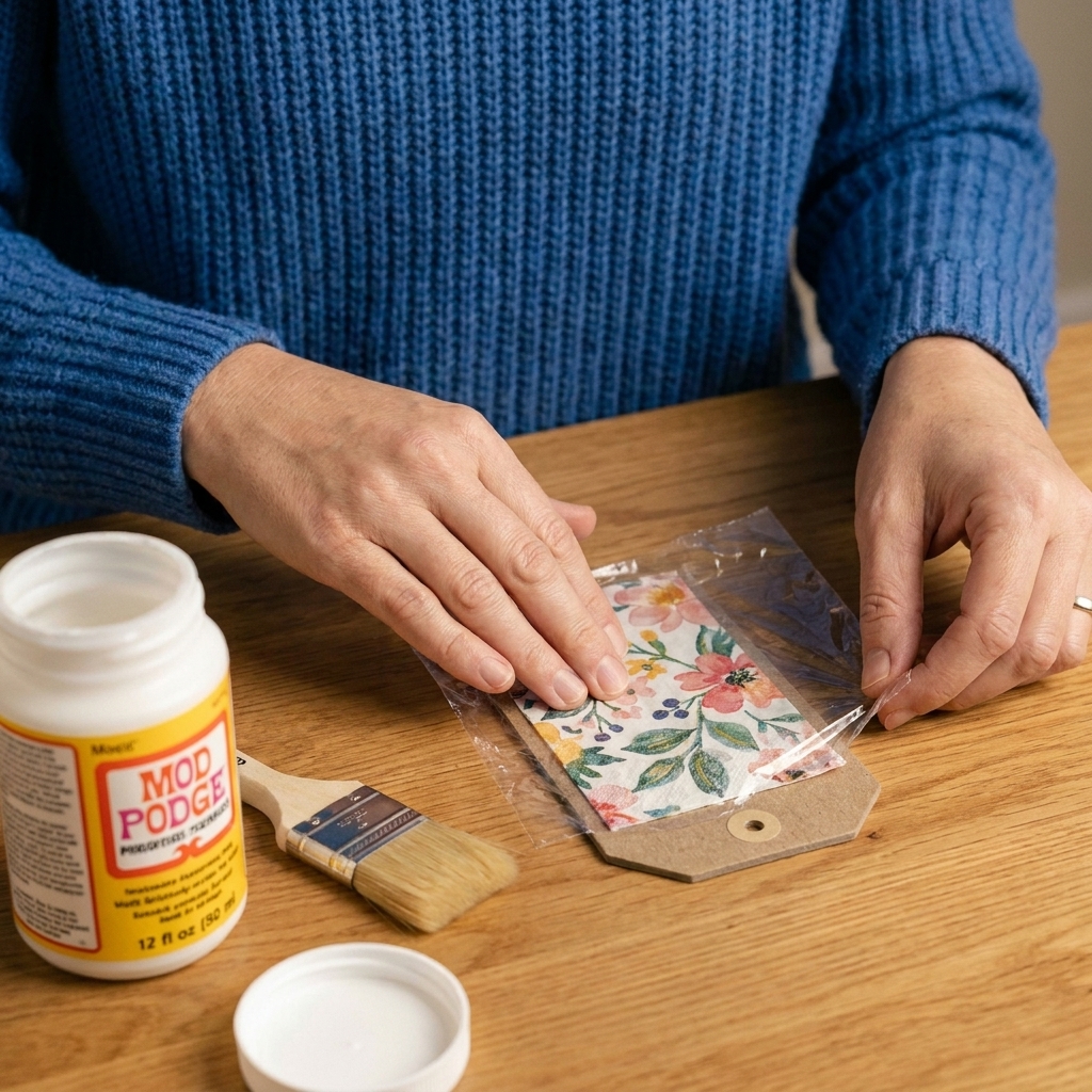 Hands smoothing a piece of printed napkin on a chipboard tag using clear plastic wrap, with a flat soft brush and Mod Podge jar nearby