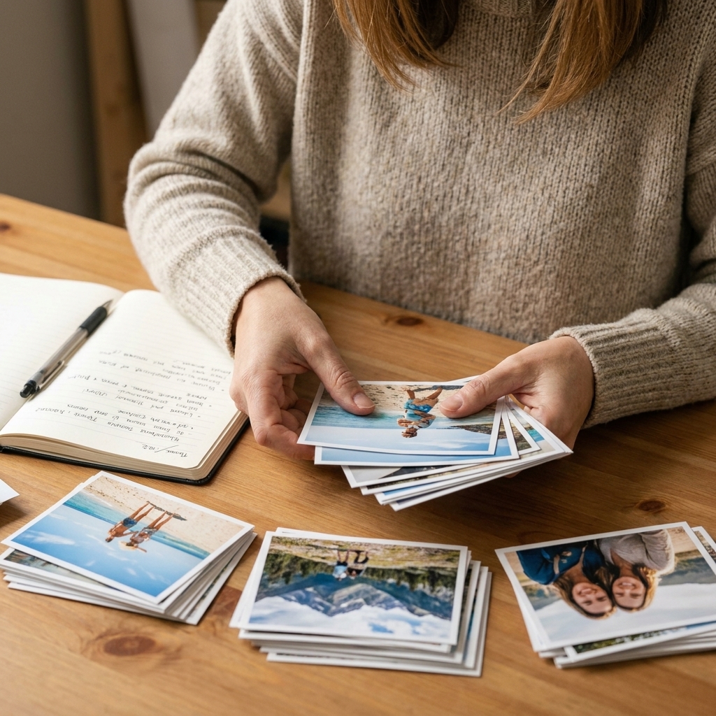 Hands sorting printed vacation photos into small piles on a craft table next to a notebook and pen