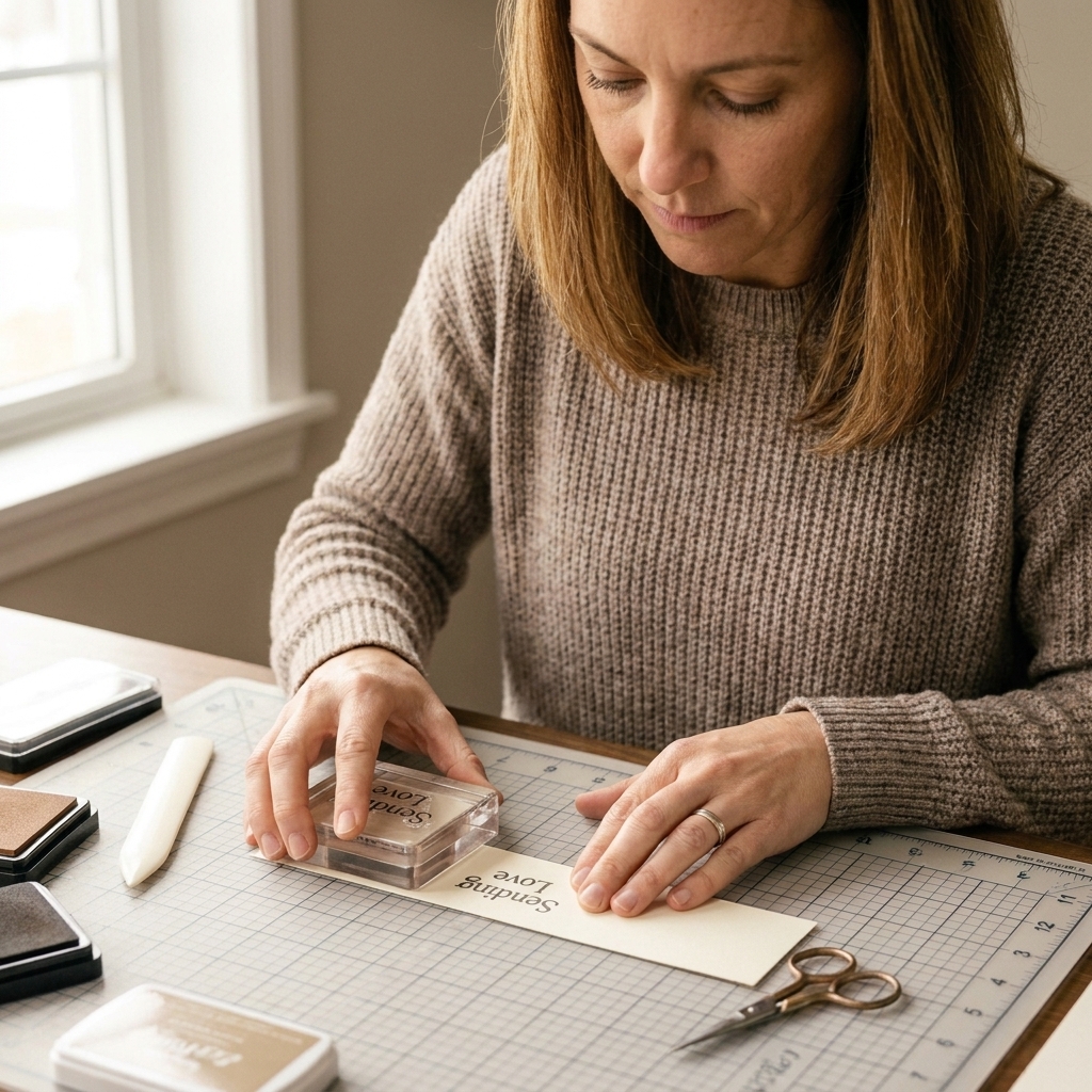 Hands stamping a sentiment onto a cardstock strip using a clear stamp and acrylic block on a crafting mat