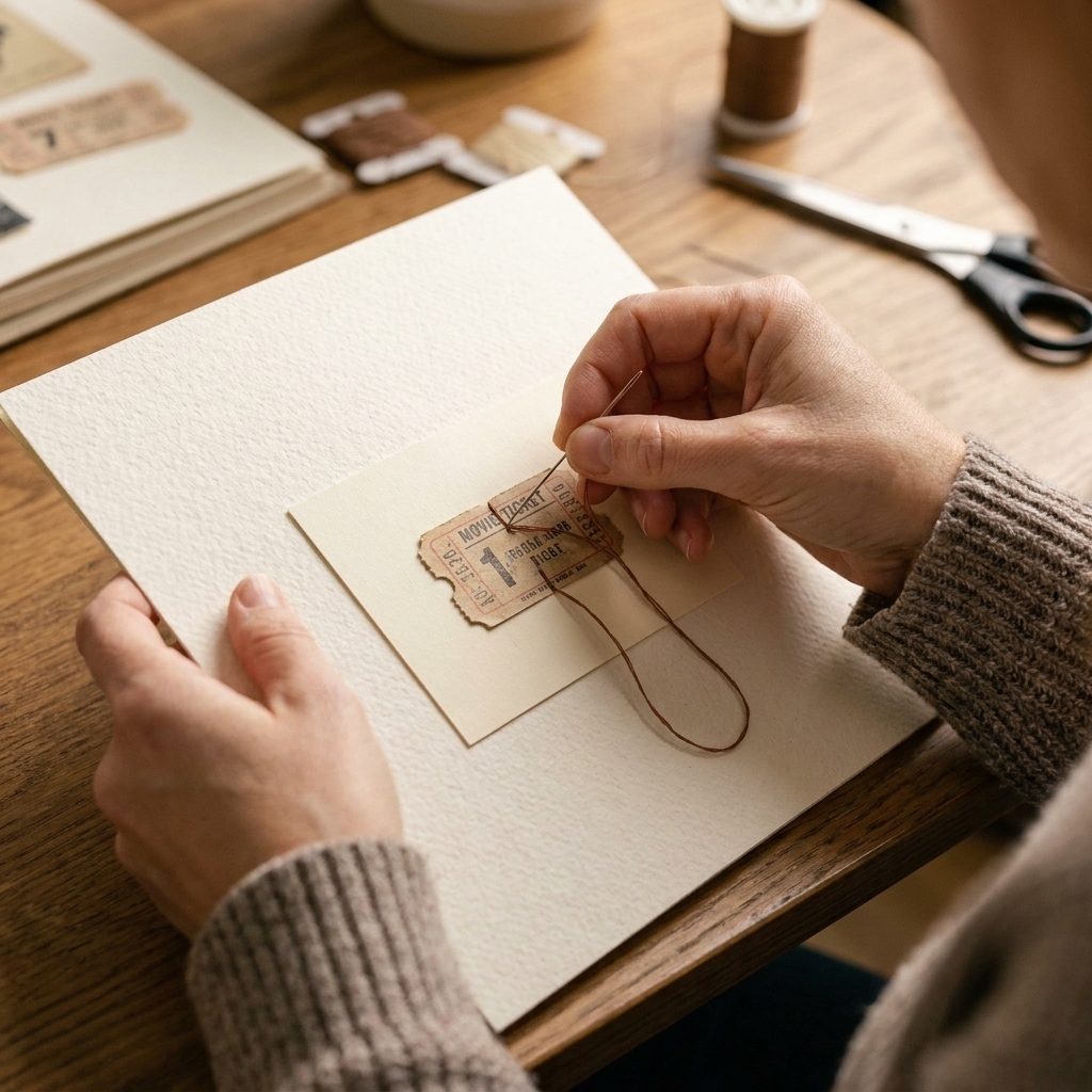 Hands stitching a ticket stub onto a scrapbook page, with a cardstock reinforcement layer visible behind the stitching area