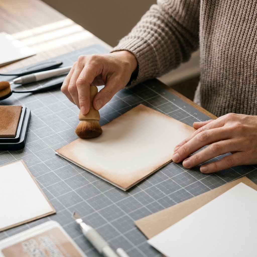 Hands using a blending brush to add soft ink shading around the edge of a white card panel on a crafting mat