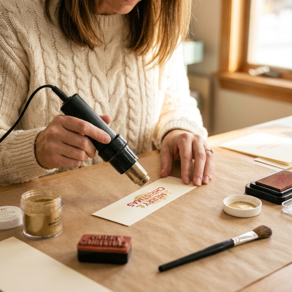 Hands using a heat tool to emboss a stamped holiday sentiment on a cardstock strip at a craft table