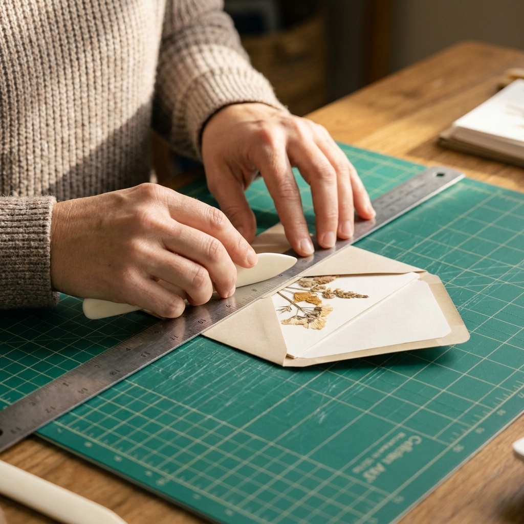 Hands using a ruler and bone folder to crease envelope flaps around a handmade card on a cutting mat