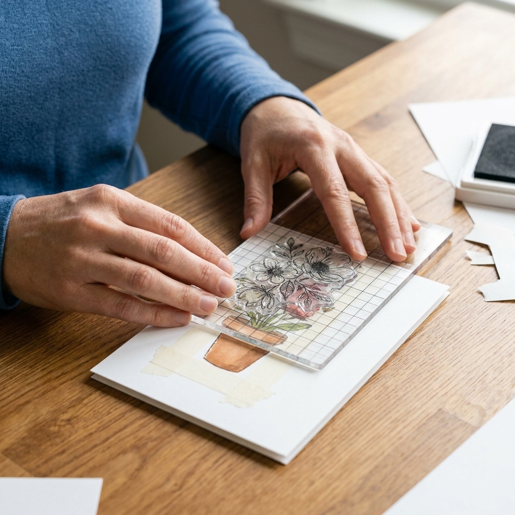 Hands using a stamp positioner tool to align a clear stamp over a cardstock panel with a partially masked stamped image