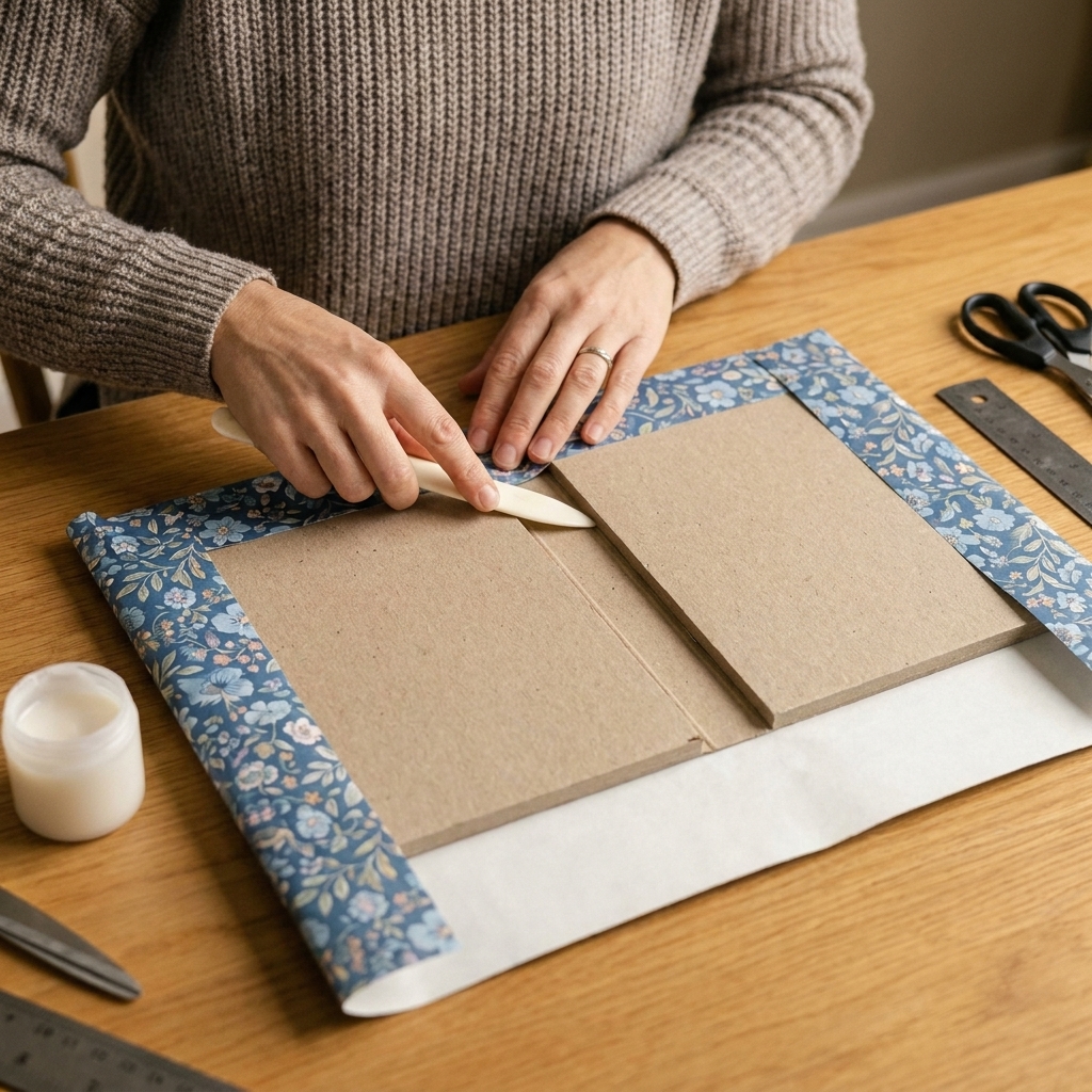 Hands wrapping patterned paper around chipboard pieces to form a mini album cover with a visible spine gap