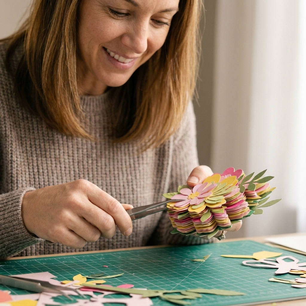 Layered die cut shapes stacked into a thick embellishment, held with tweezers above a craft mat