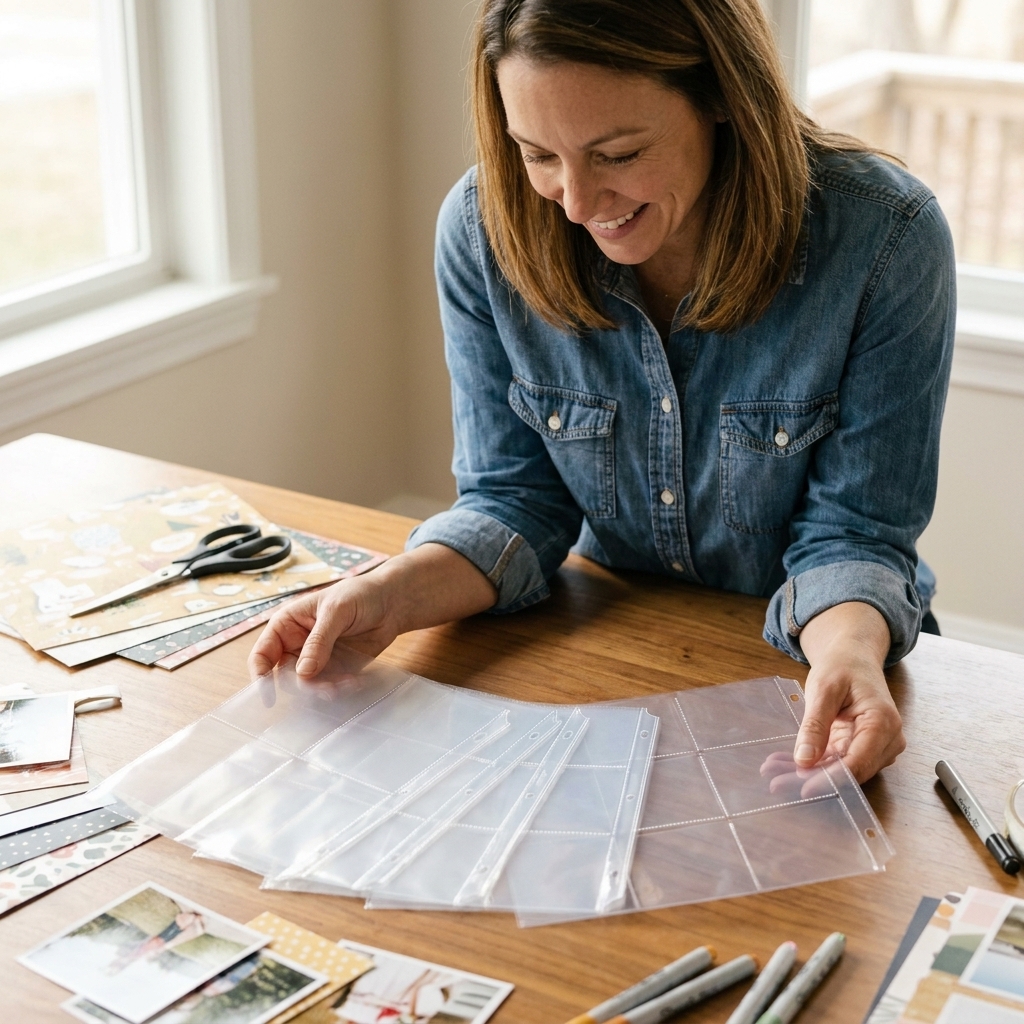 Several clear divided page protectors fanned out on a craft table, showing different pocket configurations