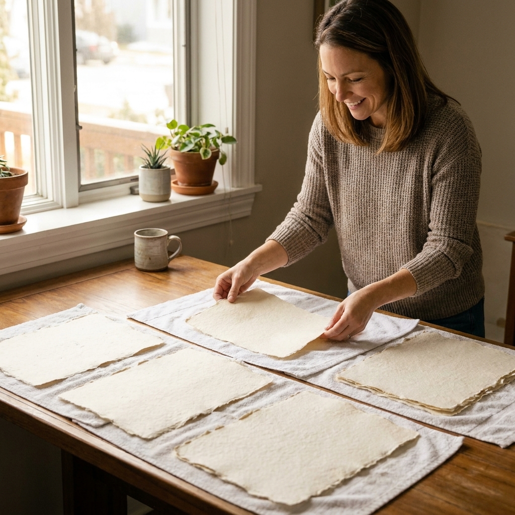 Several handmade paper sheets drying on clean towels on a table near a bright window, showing deckled edges and light texture