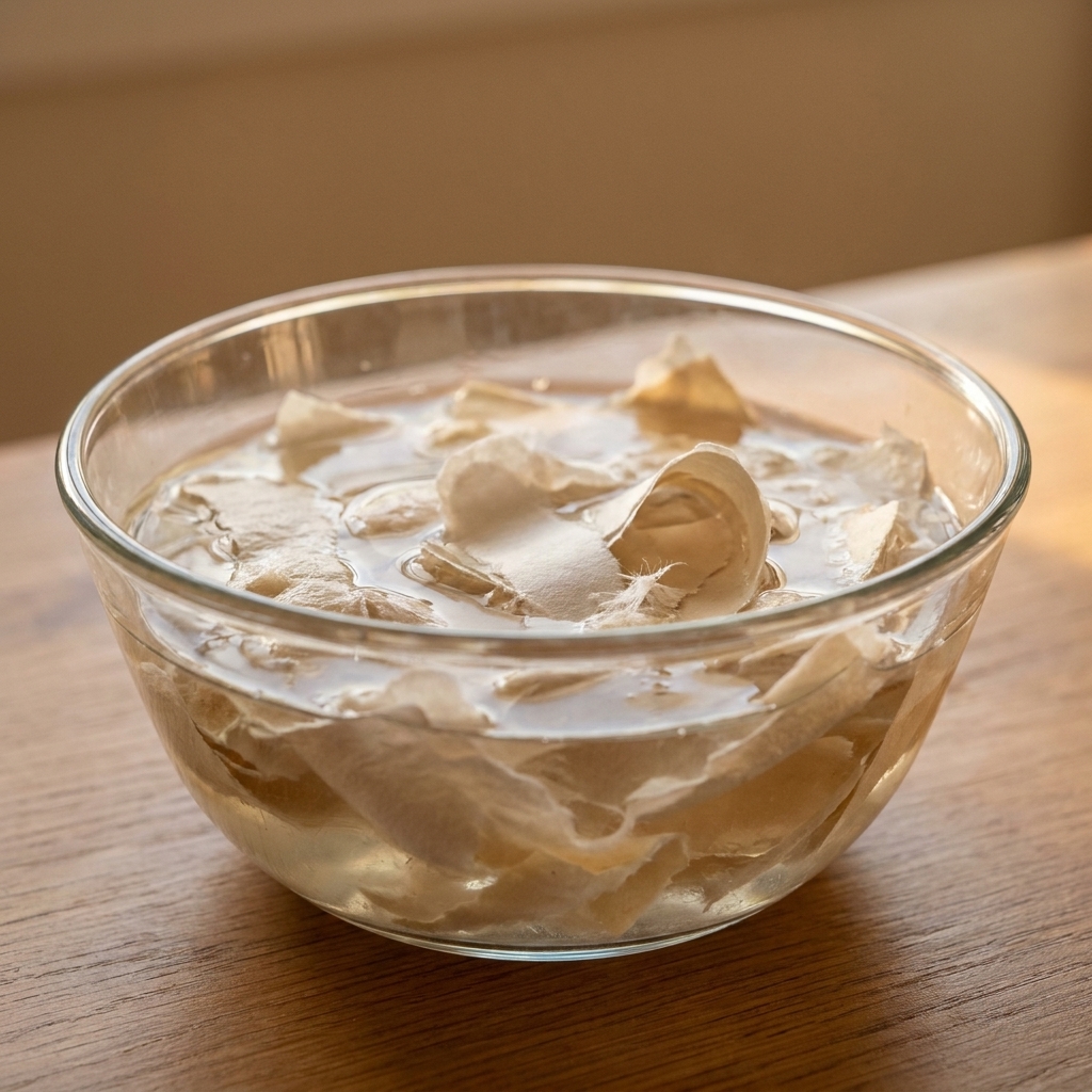Torn paper scraps soaking in a glass bowl of warm water, with the paper softening and curling under the surface