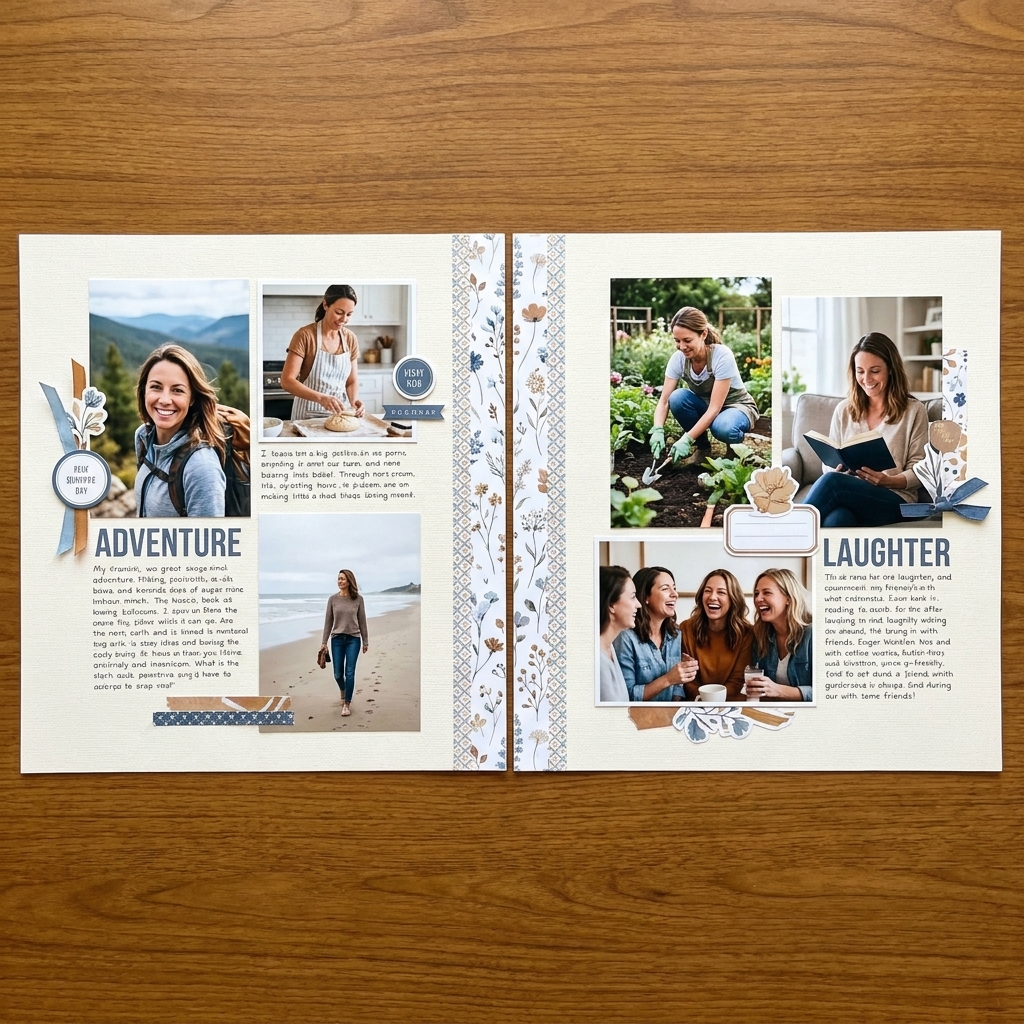 Two 12x12 scrapbook pages side by side with a thin patterned paper strip aligned across the center seam, showing how the strip visually connects both pages