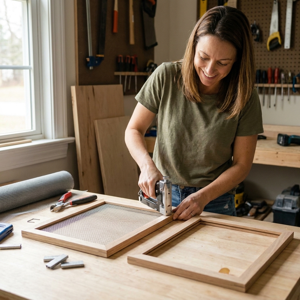 Two wooden picture frames on a worktable, one with fine mesh screen stapled tightly across it and one empty frame beside it